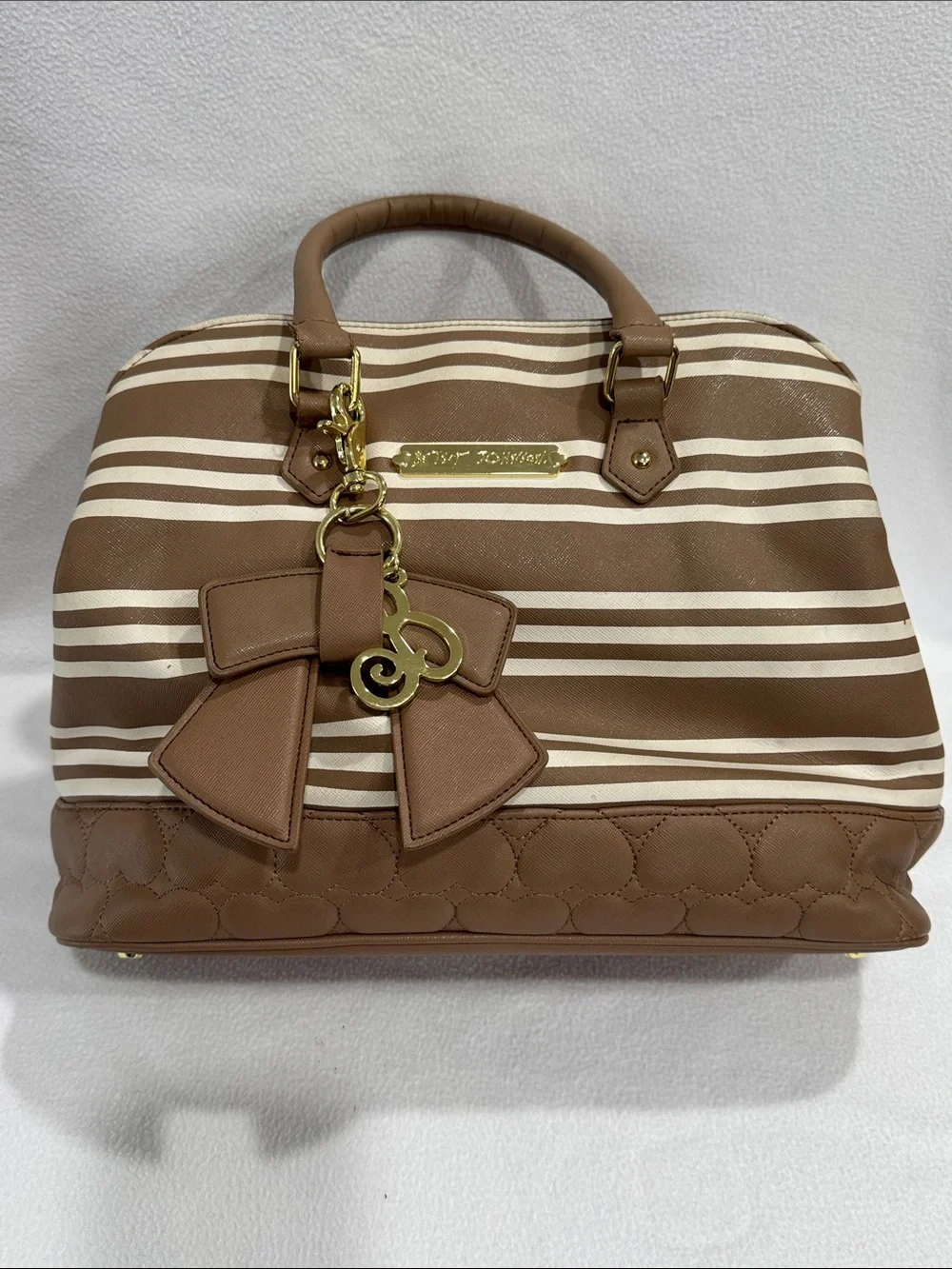 Betsey Johnson Brown and Cream Striped Satchel with Bow Charm